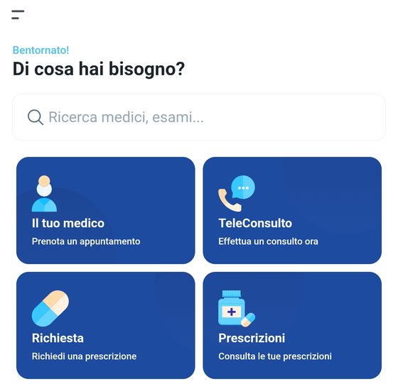 Schermata iniziale dell'app TPT: il tuo medico, teleconsulto, richiesta di prescrizione, prescrizioni