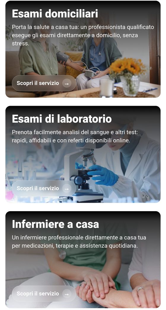 Schermata servizi dell'app TPT: esami domiciliari, esami di laboratorio, infermiere a casa